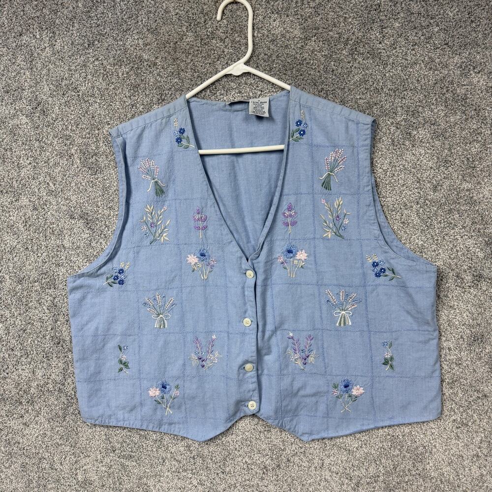 Vtg Y2K Cabin Creek Vest 2X Embroidered Floral Powder Blue Chambray Cottagecore